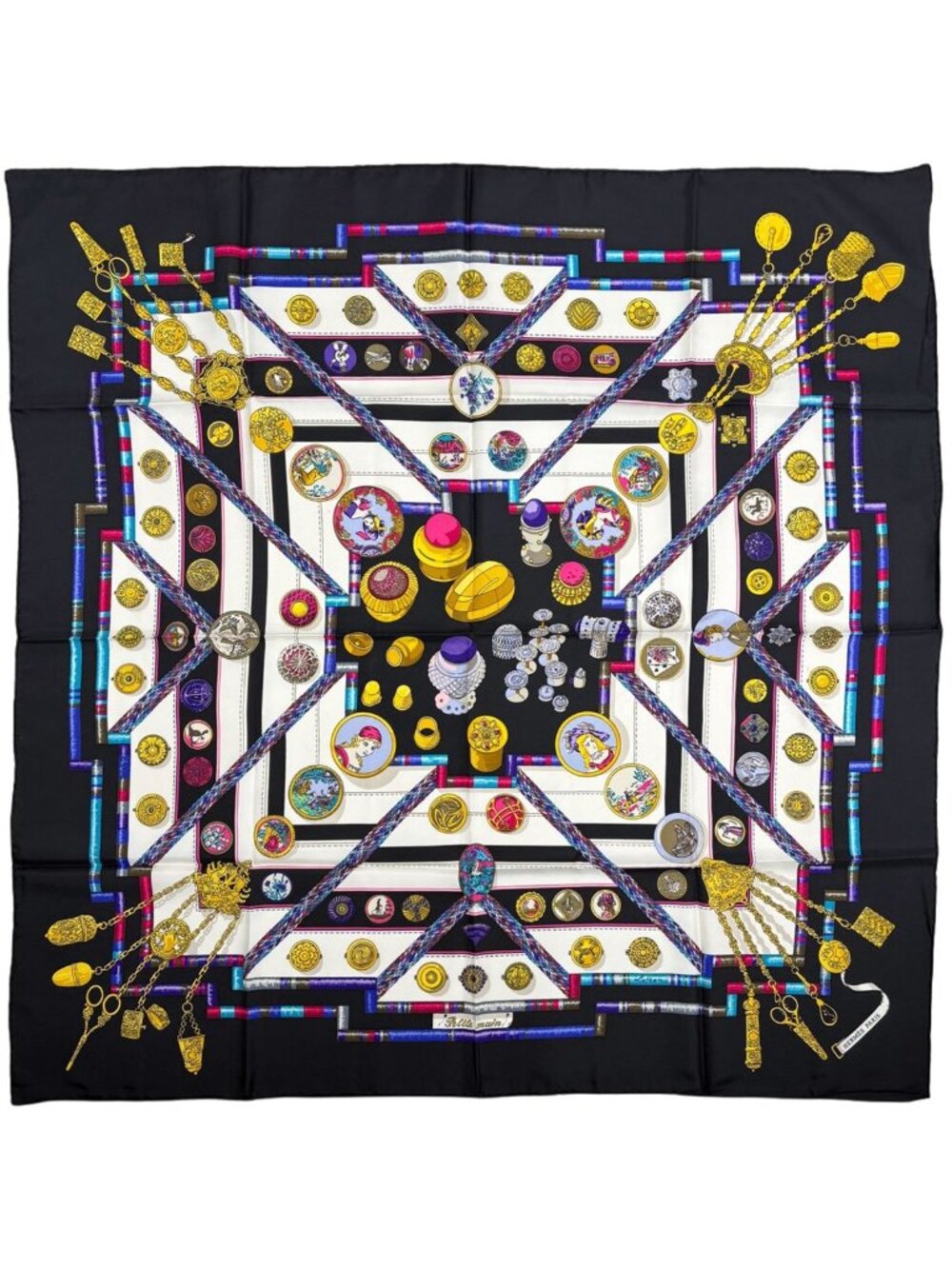 Hermes Carre 90 Petite Scarf Seamstress Silk Black Multicolor